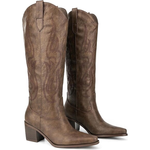 Women Faux Leather Bronze Embroidered Knee High Pointed Toe Chunky Heel Boot - Picture 5 of 5